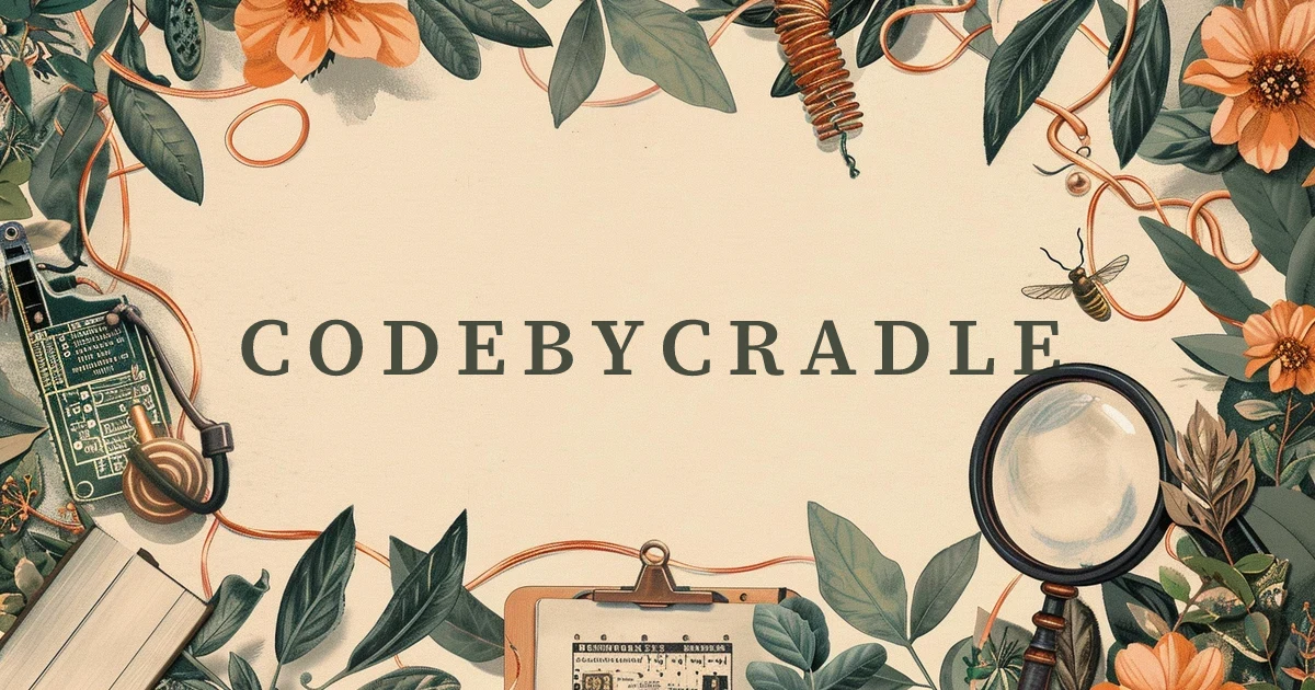CodeByCradle YouTube-Kanalbanner — illustrierter Kranz aus Blättern, Wildblumen, Kupferdraht, einer Platine, einer Lupe und einer kleinen Biene, im Stil einer Aquarell-Naturkundetafel