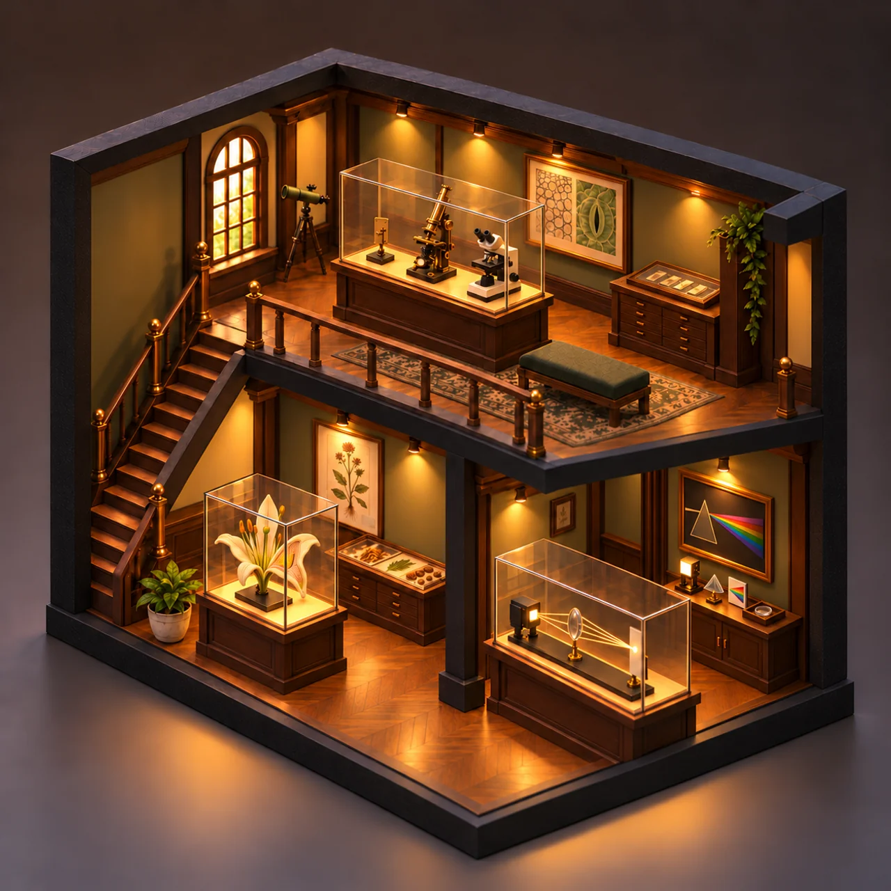 A warm two-storey miniature museum: botany and optics downstairs, with microscopes and a small telescope upstairs.