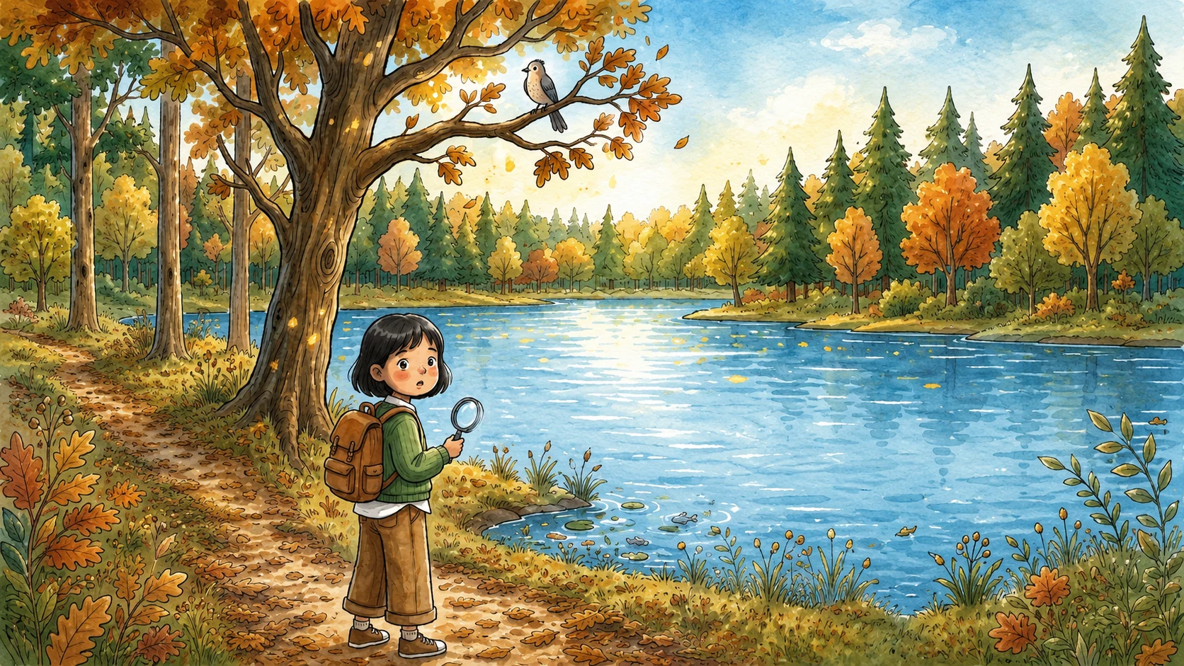 Aquarell-Illustration: Lumi an einem Herbstsee mit einer Lupe in der Hand — aus dem Narratelica-Bilderbuch „Everything Is Different!"