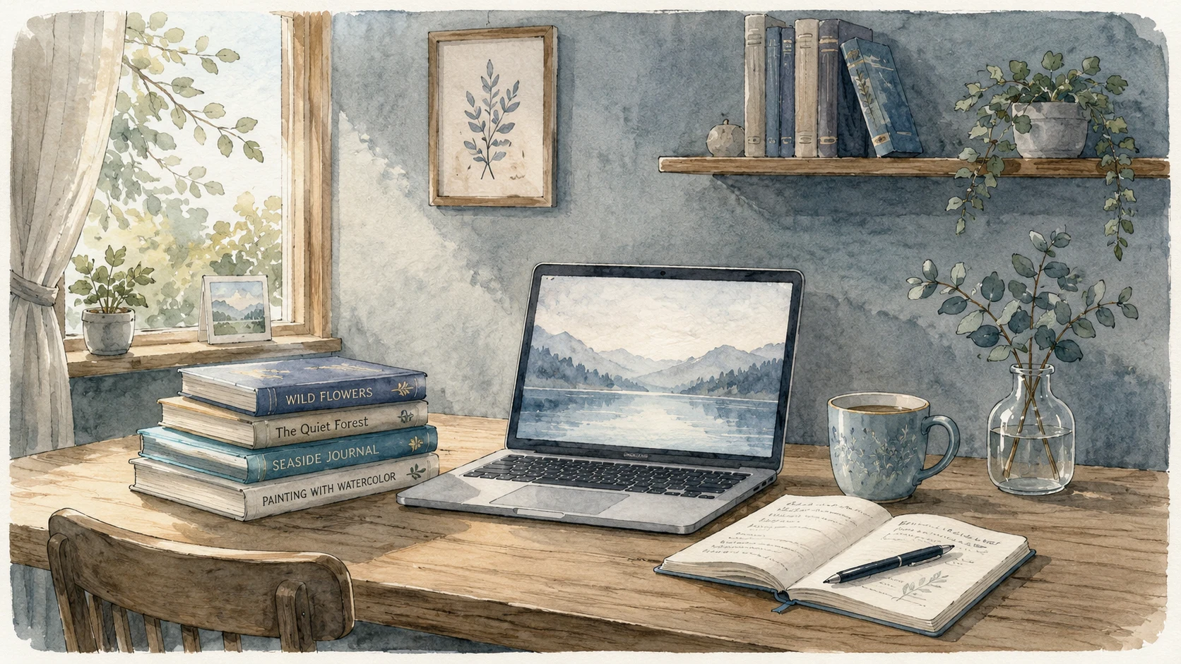 Aquarell-Stillleben: ein Schreibtisch am Fenster — offenes Notizbuch, Bücherstapel, weiches Tageslicht, eine kleine Pflanze. Das Studio bei der Arbeit.