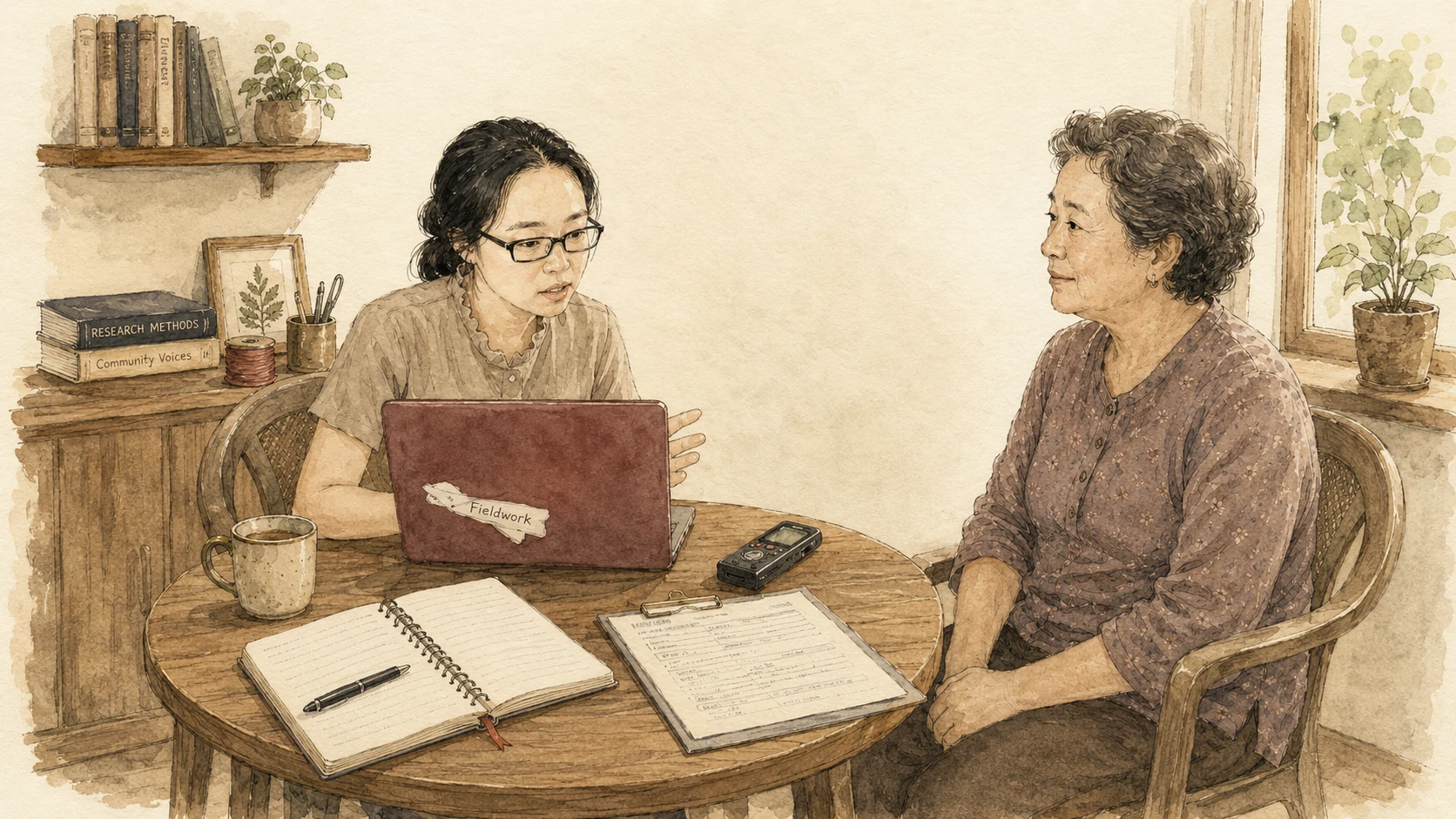 Aquarell-Szene: eine Forscherin und eine Älteste der Sprachgemeinschaft an einem Holztisch — ein kleines Aufnahmegerät, ein offenes Notizbuch mit handschriftlichen Feldnotizen, weiches Nachmittagslicht vom Fenster. Das Studio im Gespräch.