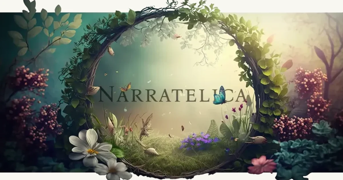 Narratelica YouTube-Kanalbanner — illustrierter Kranz aus Ranken, Wildblumen und einem Schmetterling rund um den Kanalnamen